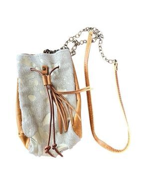 Canoe Cowhide Leather Gold Spots Mini Crossbody Hip Bag Drawstring Tassle NWOT